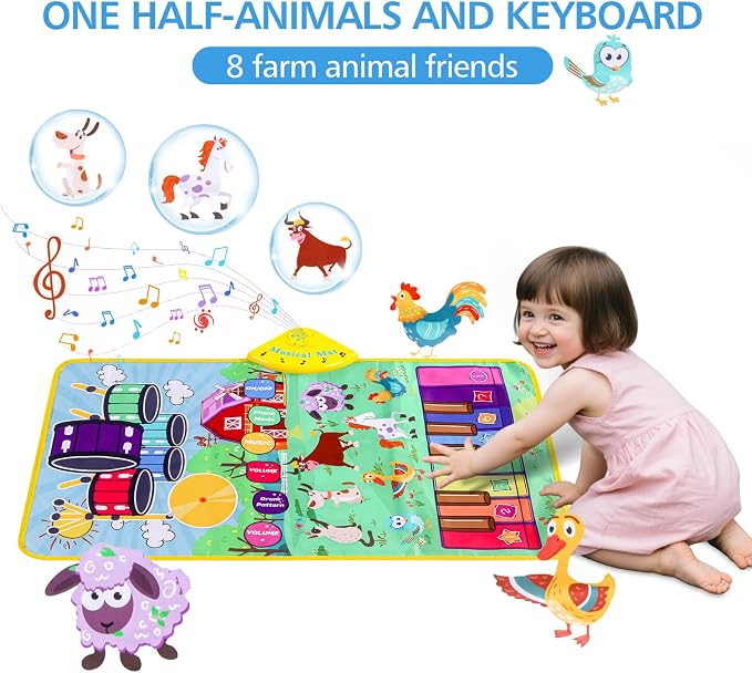 Musical Farm Animals Sounds Piano Mat for Kids, Educational Learning Toy | Sensory Interactive Floor Touch Play Mat with Drumset Dancing Keyboard Carpet for 3-12 Year Old Boy Girl Gifts