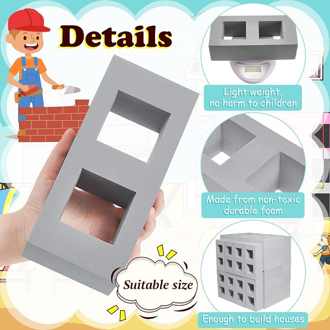 Deekin Foam Brick Building Blocks for Kids Thick Blocks Foam Large Fake Brick Construction Toy for Stacking Construction Gifts, 8 x 4 x 2.4 in(20 Pcs,Square Holes)