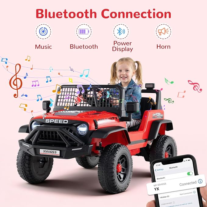 OLAKIDS 24V Ride on Car with Remote Control, Bluetooth, LED Lights, Horn, Spring Suspension, High/Low Speeds, Soft Start for Kids Aged 3+ (Red)