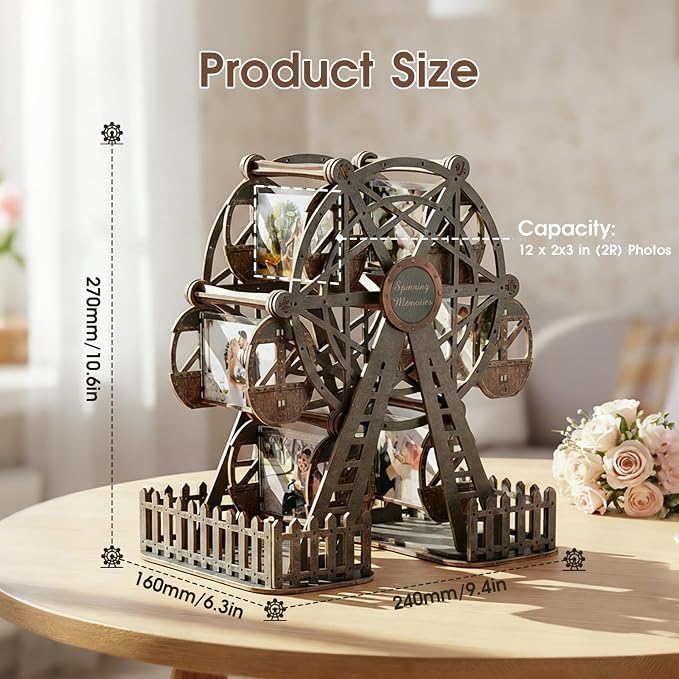 Photo Ferris Wheel 3D Wooden Puzzles for Adults, Rotating Mini Picture Frame Wood Model Kits - Unique Graduation, Personalized Anniversary Presents for Dad, Women Men