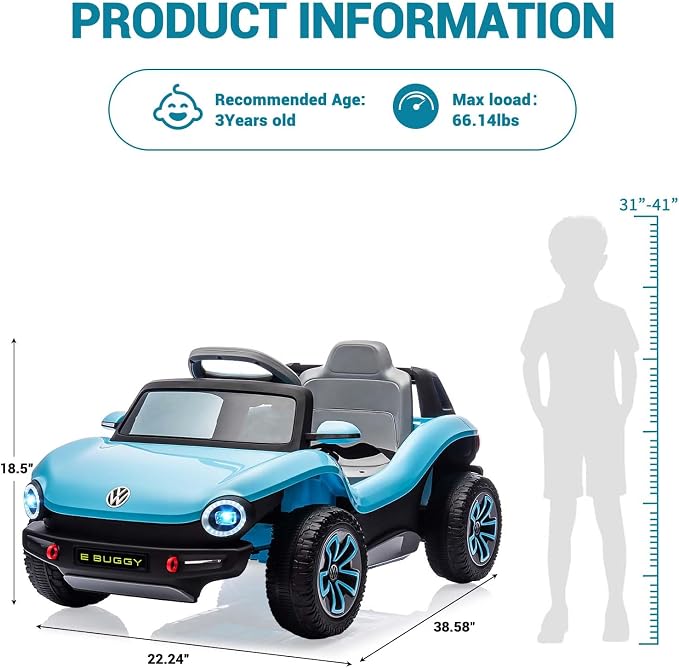 GarveeLife 12V Kids Ride On Car Licensed Volkswagen Beetle Electric Ride On Toy for Toddlers 4 Wheeler Vehicle with Parental Remote, Battery Level Display, LED Lights, USB, Horn, Music, Blue