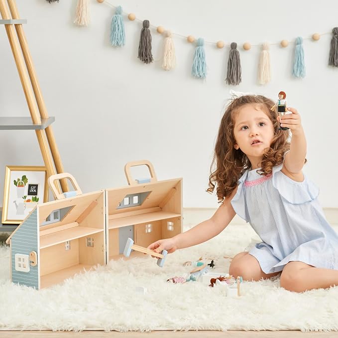 Olivia's Little World Wooden Cottage Dollhouse with 12 Accessories & 4 Figurines – Portable 2-Story Playhouse for 3.5" Dolls – Foldable Miniature Toy House for Girls Ages 3+