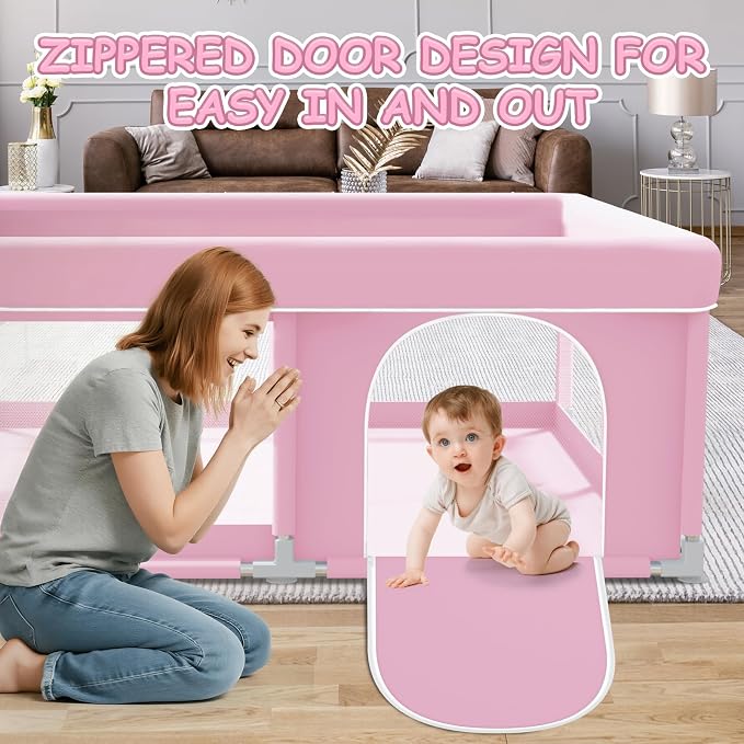 XVISHX Baby Playpen 50 x 50 Inch Play Pen Playards, Playpen for Babies and Toddlers, Baby Playard for Indoor & Outdoor Active Center Game Fence, with Skin-Friendly Fabric and Soft Breathable Mesh Pink