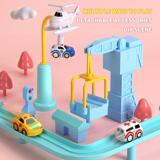 Car Race Track for Kids Ages 4-8, Kids Car Toys for 3 Year Old Boys, Race Track for Toddlers 3-5, City Set with 3 Small Cars and Helicopter, Educational Birthday Gifts (Pink)