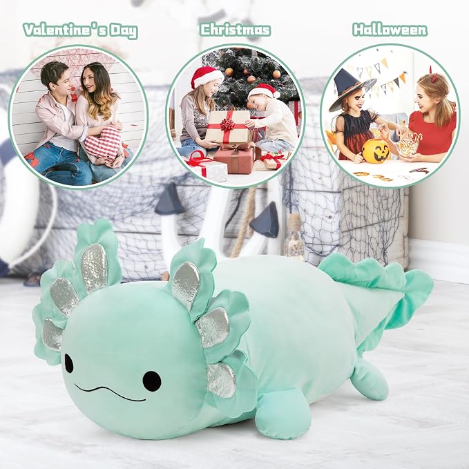 BENINY Large Axolotl Plush Toy, 39" Giant Mint Axolotl Stuffed Animal Plush, Big Huggable Toys Gift for Girls Kids, Long Squishy Pillow for Holiday Birthday Christmas