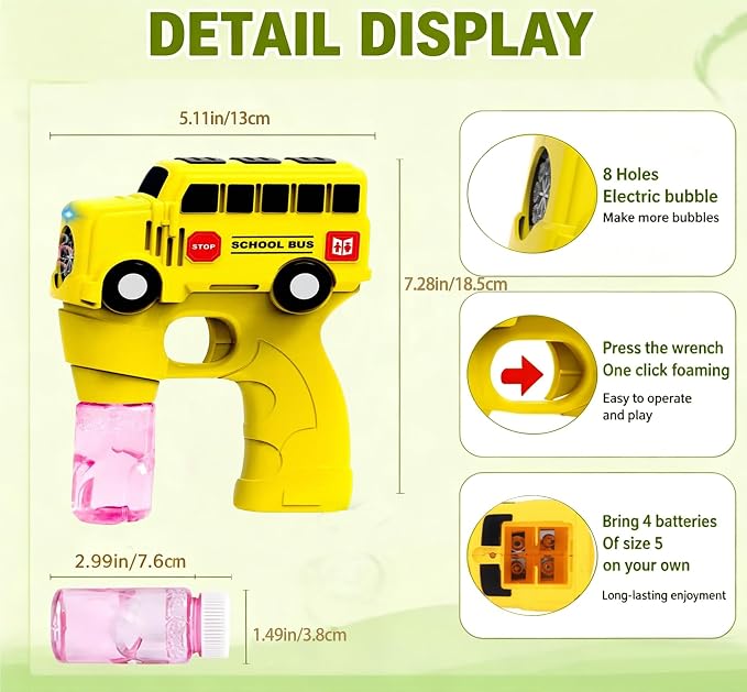 Bubble Gun for Kids Toddlers, School Bus Automatic Bubble Machine with LED Lights, 2 Bubble Solutions Included, Outdoor Toys for Boys Girls 3-8, Birthday Easter Christmas Party Gifts