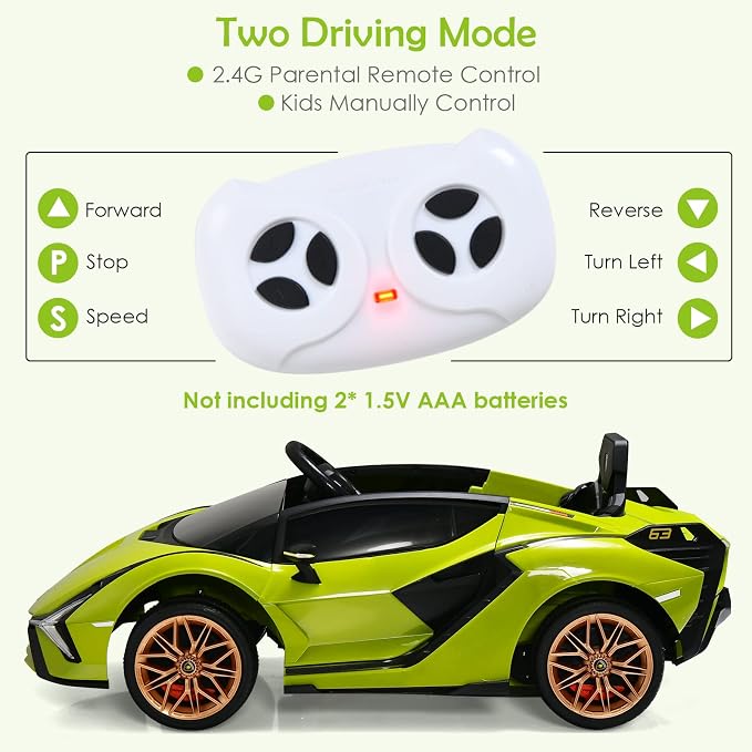 OLAKIDS Kids 12V Licensed Lamborghini SIAN Ride On Car, Electric Vehicle for Toddler with Control Remote, Battery Powered Toy with Music, Horn, 2 Speeds, Suspension, LED Lights, Bluetooth, USB (Green)