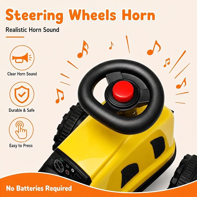 Kids Ride on Tractor, 2 in 1 Foot to Floor Push Car w/Detachable Trailer, Horn, Rake & Shovel, No Power Sliding Toy Gift for Toddlers, Outdoor Ride on Construction Vehicle (Yellow)