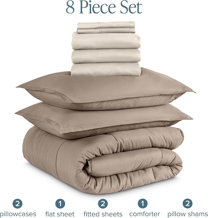 Bare Home Bed-in-A-Bag 8 Piece Comforter & Sheet Set - Split King - Goose Down Alternative - Ultra-Soft 1800 Premium Bed Set (Split King, Taupe/Sand)