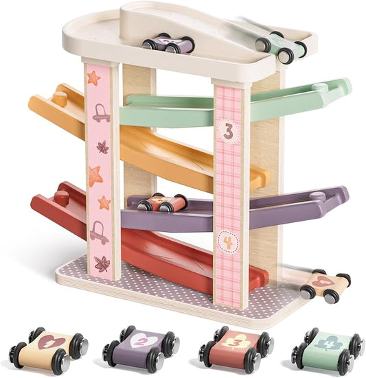 TOP BRIGHT Toddler Toys for 1 Year Old Girl Gifts, Wooden Car Ramp Race Track Set, Car Toys for Toddlers with 4 Cars and a Garage, Montessori Toys for 2 Year Old Girl, Birthday Gift for Age 18+ Month