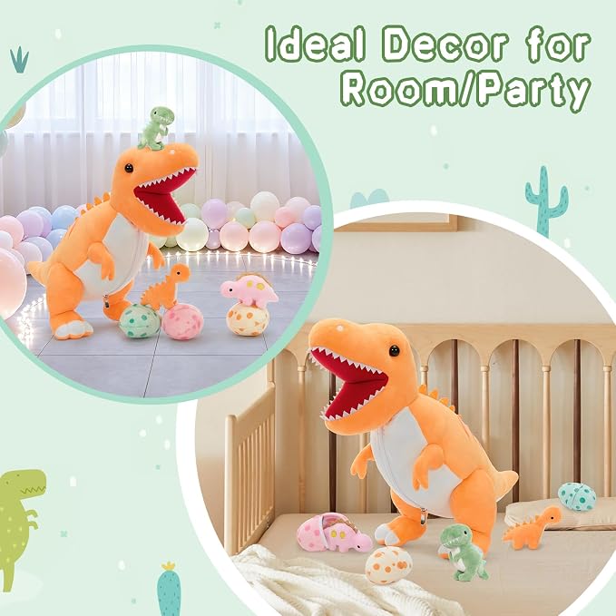 MorisMos Dinosaur Stuffed Animal with Babies,23.6'' Big Mommy Stuffed Dino T Rex with 3 Baby Dino Stuffed Toys & 3 Eggs Plush Inside Belly, Boy Girl Dinosaur Toys for Kid 3-5,Orange T Rex Toys Gift