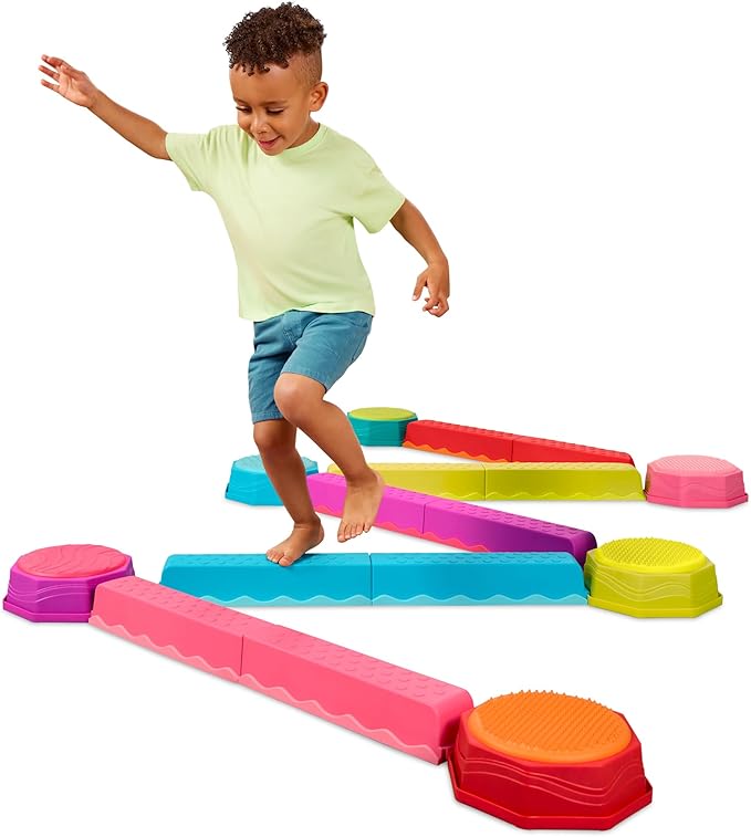 B. toys – Balance Beam for Kids – Interlocking Balancing Beams – 6 Sensory Pads & 10 Beams – Active Play for Toddlers, Kids – 3+ Years – Balance & Build Set - Rainbow Color
