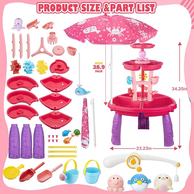 VROGTIK Water Table for Toddlers with Water Pump and Fishing Game Set 3-Tier Kids Sand Water Table with Umbrella Sensory Outdoor Toys for Kids Ages 3-8 Outside Toys Backyard Toddler Girl Toys