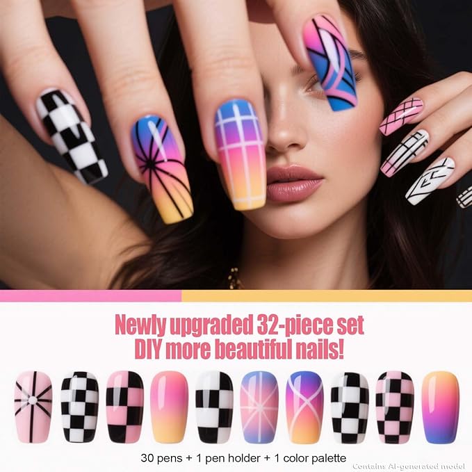 Artdone Nail Dotting Tools 32PCS Double-ended Nail Art Brushes Kit Nail Art Gel Polish Liner Brushes Design Pen For Nail Drawing And Nail Paint Brushes Small Detail Brushes