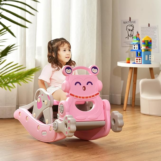 Costzon 5 in 1 Toddler Slide Rocking Toy, Slide for Kids with Detachable Stool, Basketball Hoop and Ring Game, Foldable Climber Playground Slide for Both Indoors Outdoor Use (Pink Penguin)