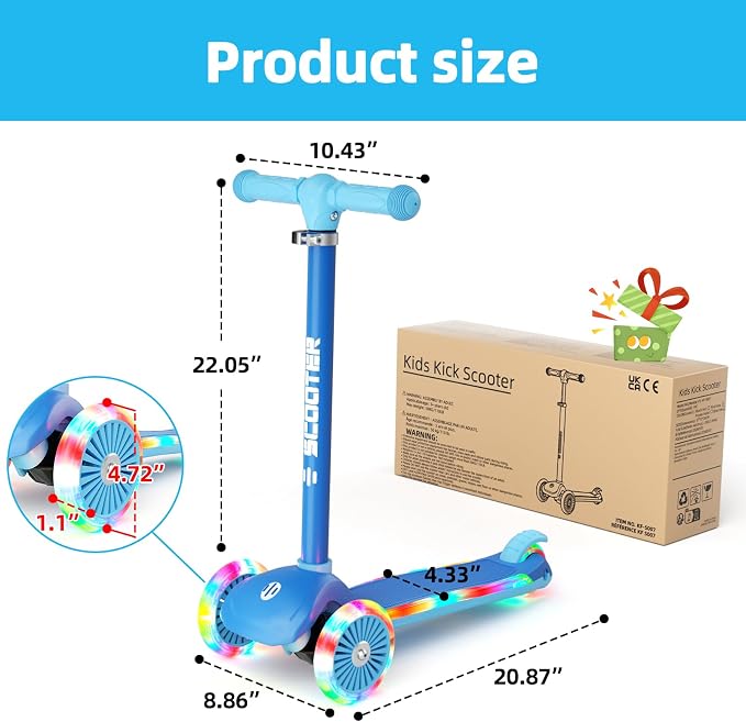 XJD Toddler Scooters for Kids 3-8, 3 Wheel Scooters for Kids 110lbs, LED Light-Up Wheels and Side, 3 Adjustable Height, Lean-to-Steer, Birthday Gift Toy for 3-8 Year Old Girl Boy