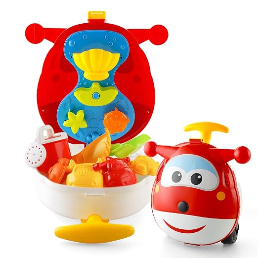 Super Wings Beach Toys Playset, Beach Toy for Kids Age 3+,Sandbox Toys 10 Pieces Including Shovel, Rake, Watering Can, Water Wheel and 6 Sand Molds - Travel Beach Toy