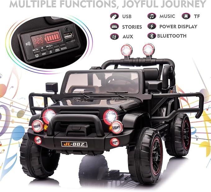 Fitnessclub Electric Cars for Kids, 12V Powered Kids Ride On Car with 2.4 GHZ Bluetooth Remote Control, LED Lights, MP3 Player, 3 Speeds, Waterproof Cover (Black)
