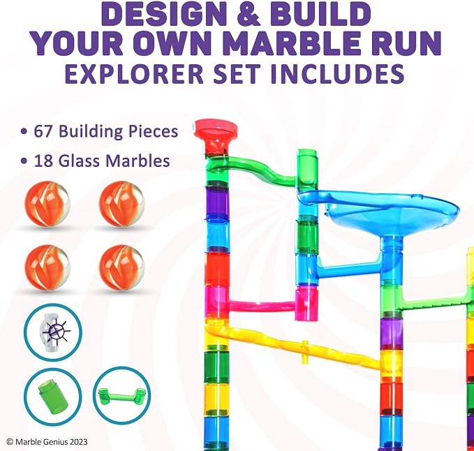 Marble Genius Marble Run Explorer Set, STEM Toys & Maze Construction Building - 85 Translucent Track Pieces & Glass Marbles for Family, Kids Toddlers Ages 4-8 - Fun Holiday Creative Gifts
