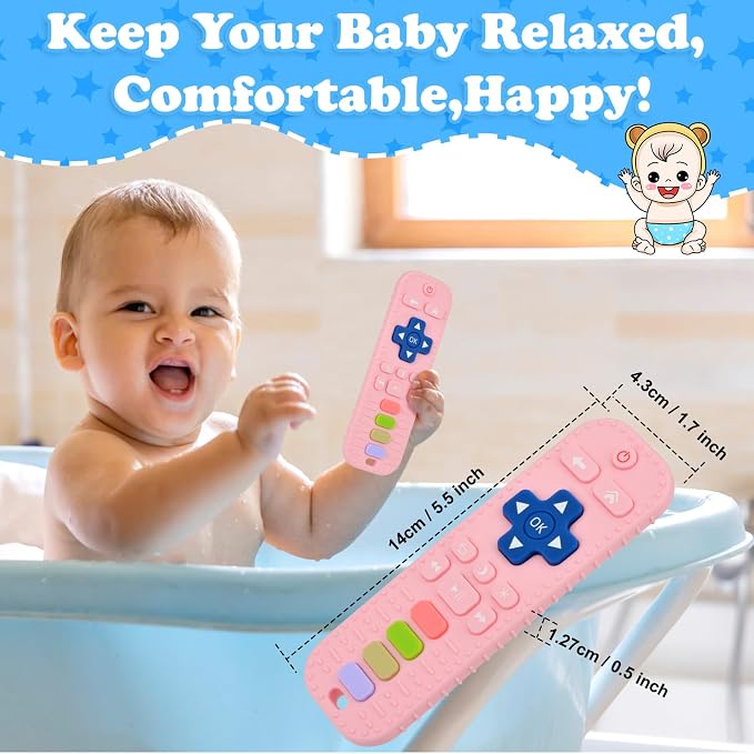 Baby Silicone Teething Toys, Simulation TV Remote Control Shape Teether Toys for Toddlers 3-18 Months, Boys Girls Baby Teething Toys, Babies Chew Toys, Freezer BPA Free, Pink