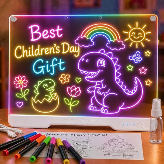 HASSKY Rechargeable LED Drawing Board, 7 Colors 4 Light Modes Glow Doodle Pad, Dry Erase Light Up Note Board with Built-in Stand, 6H Battery Life Art Kit for Kids Girls Boys Birthday Gifts