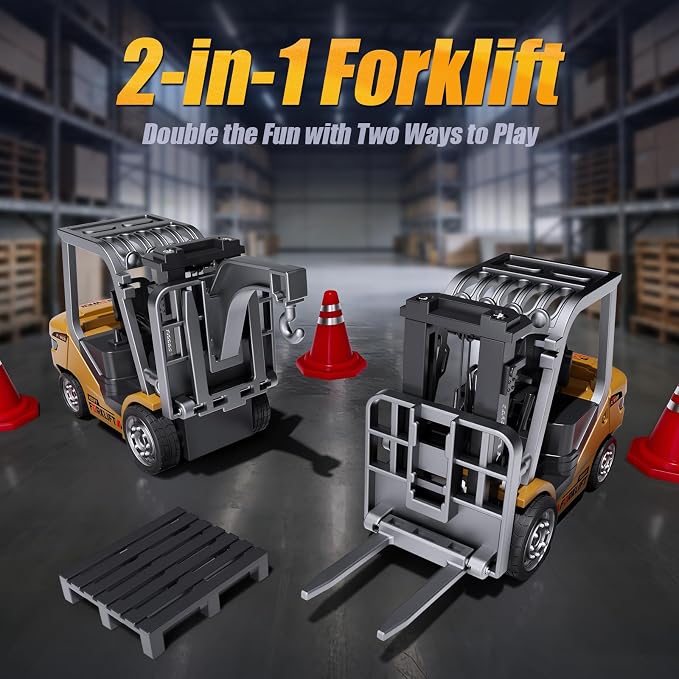 Mini Forklift Remote Control 1:64 RC Forklift Toy, 2.4GHz Construction Vehicle with LED Music, Variable Speed 2-in-1 Transformable Lift Fork & Hook, Includes 4 Road Barriers, Gift for Kids & Adults