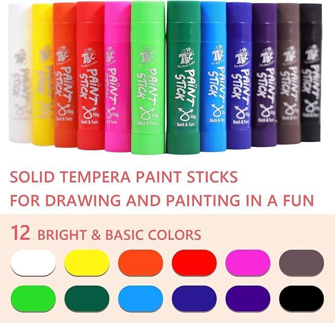 TBC The Best Crafts Paint Sticks for Kids Ages 2-8, 12 Classic Colors, Washable, Non-toxic, Tempera Paint Sticks for Crafts, Art Supplies, and Birthday Gifts