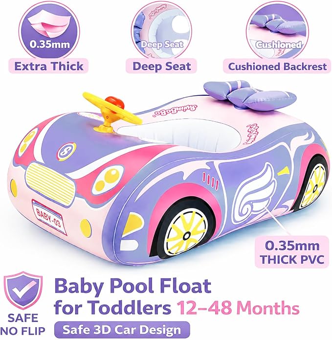 Baby Pool Float Toddler Floaties 3D Car Baby Float for 12-48 Months Inflatable Heavy Duty 0.35mm PVC Seat Boat Pool Toys Float No Flip Swimming Floaties for Boys&Girls1-5 Years