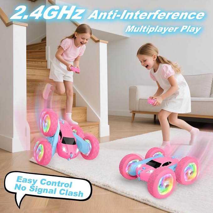 Remote Control Car, RC Cars for Girls, 2.4 GHz Double Sided RC Crawler with Upgraded USB-C Modular Battery, 360°Rotating Car Toys for 6 7 8 9 10 11 12 Year Old Girl Birthday Gift PinkBlue
