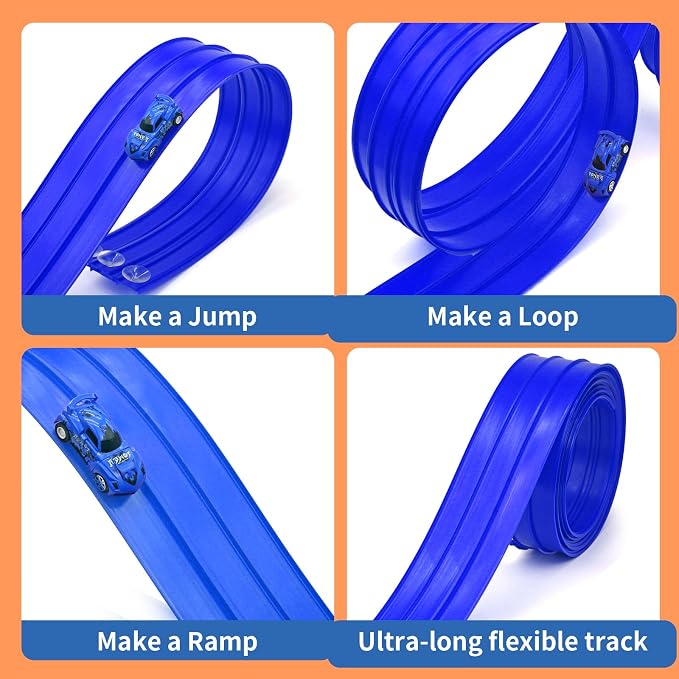 16.5ft Build Anywhere Portable Race Track with Suction Cups - Flexible Roll-Up Design Fits 1/64 Scale Cars, Portable Toy Gift for Kids 4+ Year Old (3 Tracks/Blue)