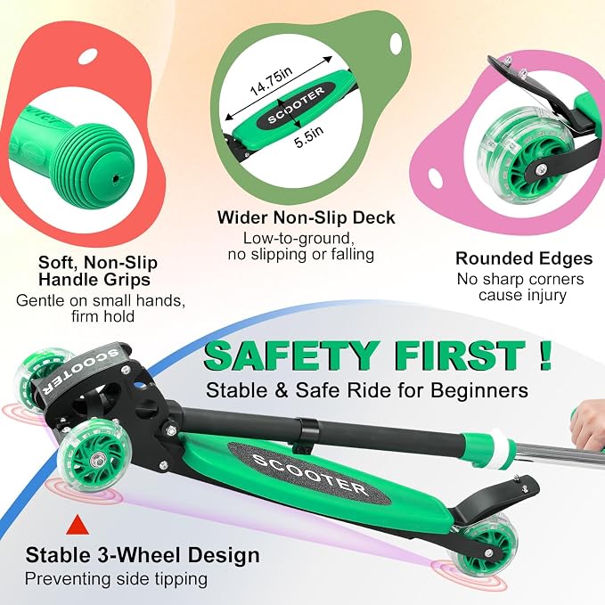Scooter for Kids 3-5 5-7,Light up 3 Wheels Kick Scooter,Heavy Duty Folding Lean-to-Steer Scooters with 3 Adjustable Handlebar for Boys Girls,Widen Anti-Slip Deck,Rear Break,Holds up to 150Lbs