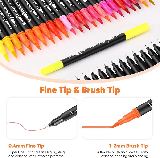 Caliart 72 Colors Double Tip Brush Pens Art Markers, Artist Fine & Brush Coloring Markers for Adult Book Journaling Calligraphy Lettering Planners Cards Drawing Craft Kit Teacher Office Supplies