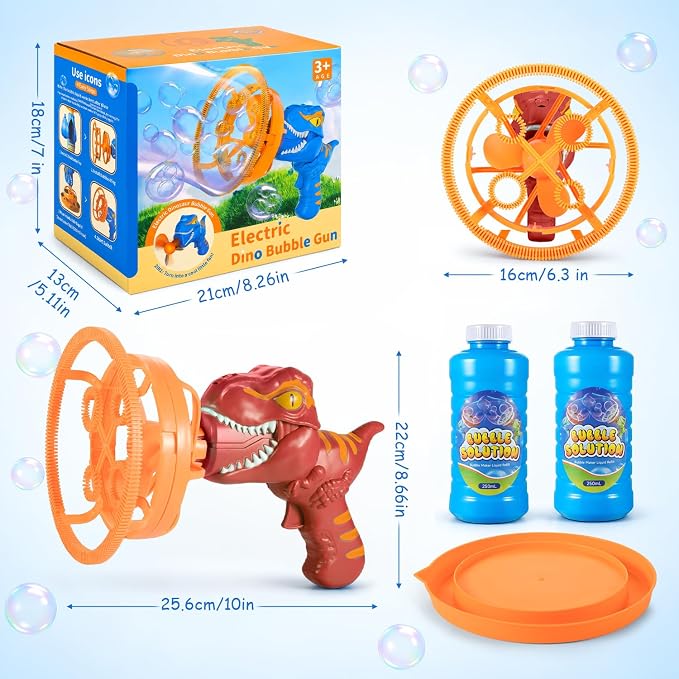 Dinosaur Shaped Bubble Gun for Kids - Blows Over 1000 Bubbles per Minute & Creates Giant Bubbles, Birthday, Christmas & Easter Gift for Boys & Girls Ages 3-9 (Red)