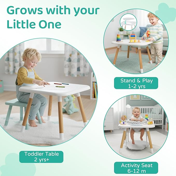 Kizfarm 3-Stage Baby Activity Center, Montessori-Inspired Design, 7 Interactive Toys with Teether, Exersaucer&Toddler Table, Shower Gift, 3 6 12 Month Old Baby Essential, Toy for Baby Infant Toddler