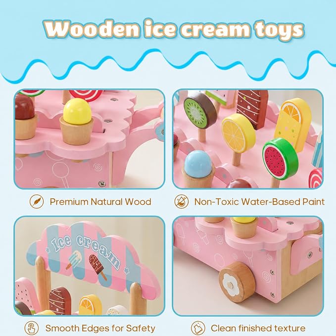 BROWNROOT Wooden Ice Cream Cart for Kids, Pull Along Pretend Play Food Toys with Fruit Popsicles Lollipops, Play Kitchen Accessories Preschool Store Toy for Toddlers Girls Boys 3+ Gift