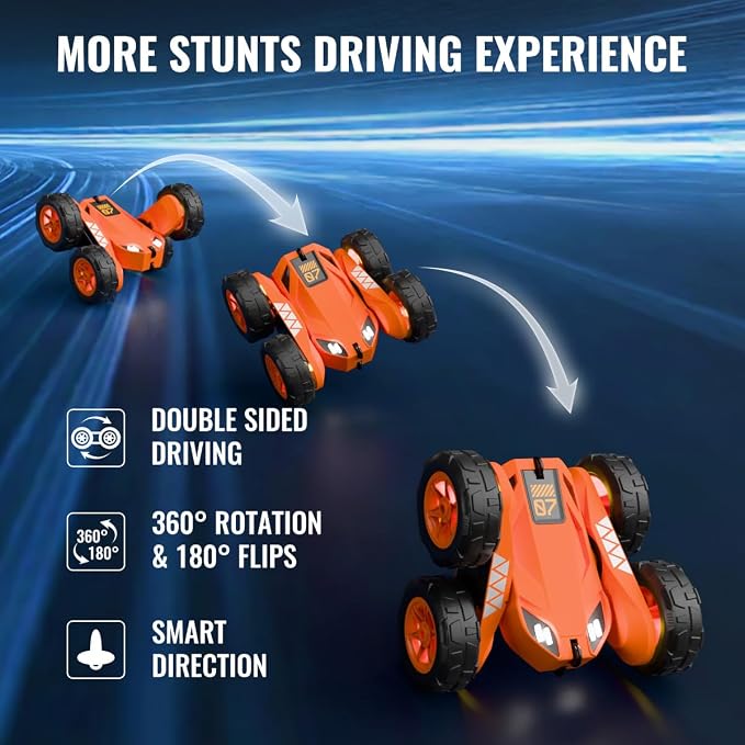 MaxTronic Fast Direct Charging Remote Control Car with LED，Exclusive Dual USB-C Charging for Car & Controller - 2.4Ghz 15km/h 360° Flips Rotations 4WD RC Stunt Car Fully Rechargeable for Kids 3-12