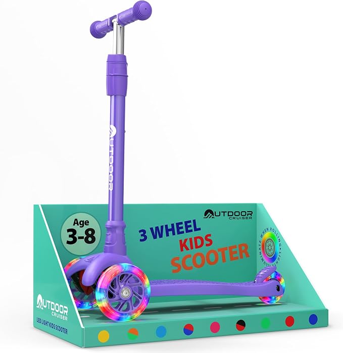 Outdoor Cruiser 3-wheel Kids Scooter – With Lean-to-steer Technology, Wide Deck, Led Lighted Wheel, 4-level Adjustable Height T-bar Handle, Support Kid Up to 150 Lbs, for Boys & Girls Ages 3-8, Purple