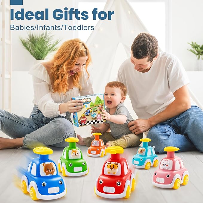 TooyBing Press and Go Car Toys for Toddlers 1-3, 6 Pack Animal Baby Car Toys for 1 2 Year Old Boy, Push Go Friction Vehicle Toys for Infants 12-18 Months, One First Birthday Gifts for Boys Girls