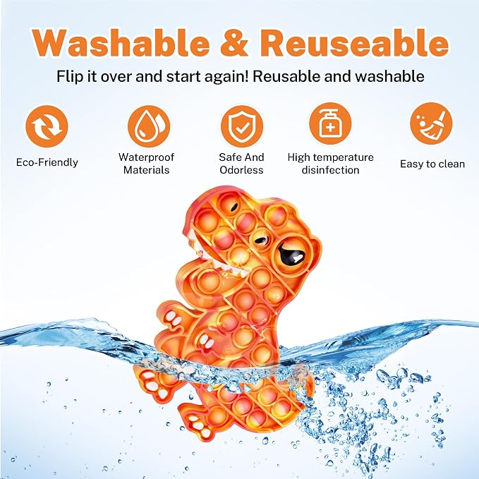 Dinosaur Pop Fidget Toy for Travel, Home, Classroom, Kids & Adults Silicone Stress Relief Sensory Game, Dual-Sided Educational Bubble Toy for Fine Motor Skills, Focus, Anxiety Reduction (Orange)