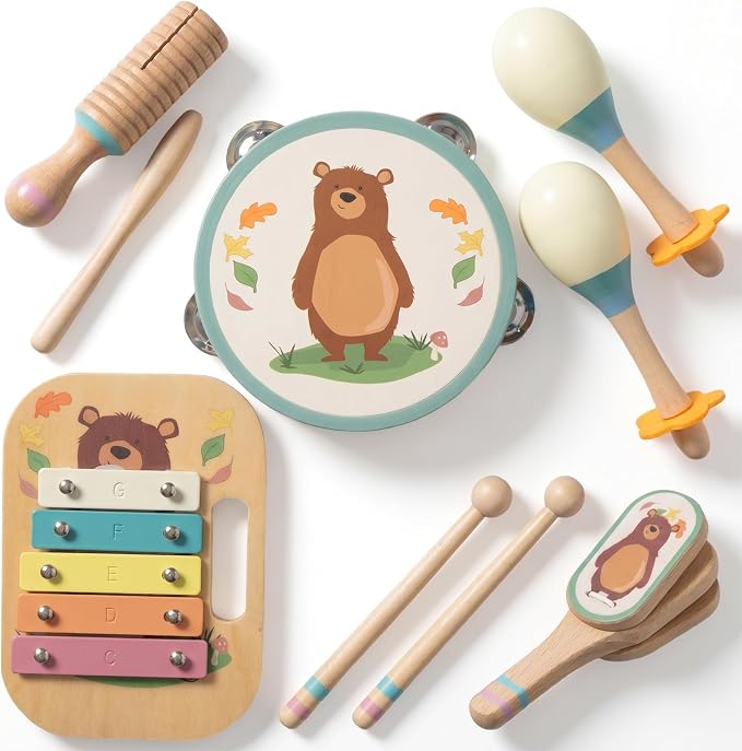 Wooden Musical Instruments Set for Toddlers, Natural Wood Percussion Instruments Xylophone Gift Set for Girls Boys Kids ,Preschool Educational Musical Toys with Storage Bag (Blue Set)