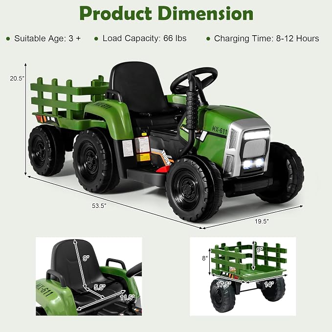 HONEY JOY Ride On Tractor with Trailer, Toddler 3-Gear-Shift Ground Loader, LED Lights, Horn, Music, 12V Battery Powered Electric Toy Tractor with Remote Control(Dark Green)