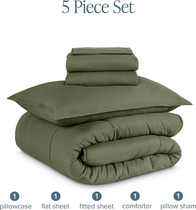 Bare Home Bed-in-A-Bag 5 Piece Comforter & Sheet Set - Twin XL - Goose Down Alternative - Ultra-Soft 1800 Premium Bedding Set (Twin XL, Cypress/Cypress)