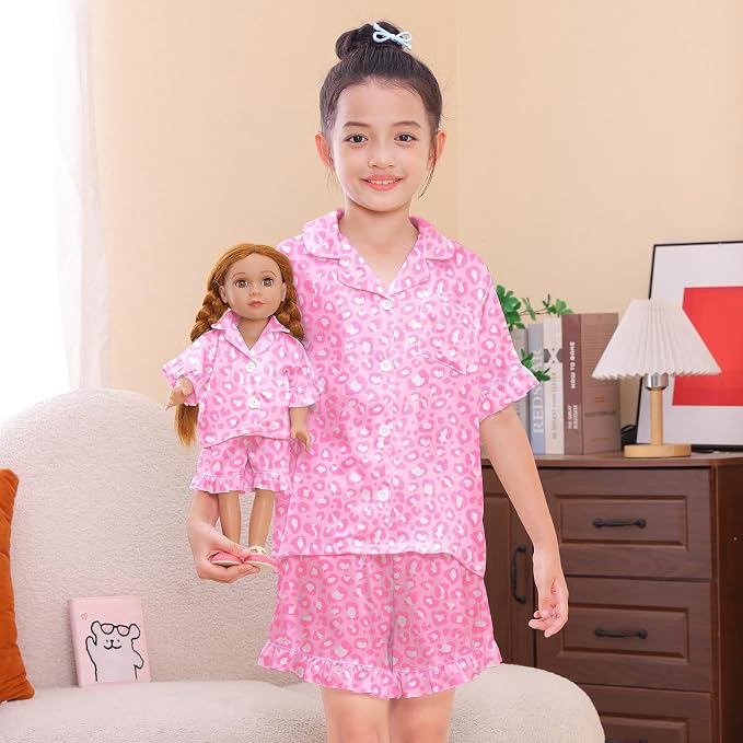 ICOSY Matching Doll & Girls Silk Pajamas Satin Pjs for Girls Button-Down Top and Shorts for 18" Doll Girl Clothes