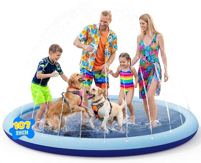COMMOUDS 107" Splash Pad for Kids and Dogs, Extra Large Sprinkler Pad Non-Slip Thicken Pool Summer Outdoor Water Toys, Backyard Fountain Play Mat for Baby Toddlers Boys Girls Pet