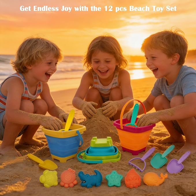 Beach Toys Essential Set for Kids 3-10, Collapsible Sand Bucket Set with 3 Shovels, 6 Sand Molds and Large Mesh Bag, Sand Toys for Beach, Sandbox Travel Toys for Toddlers Kids