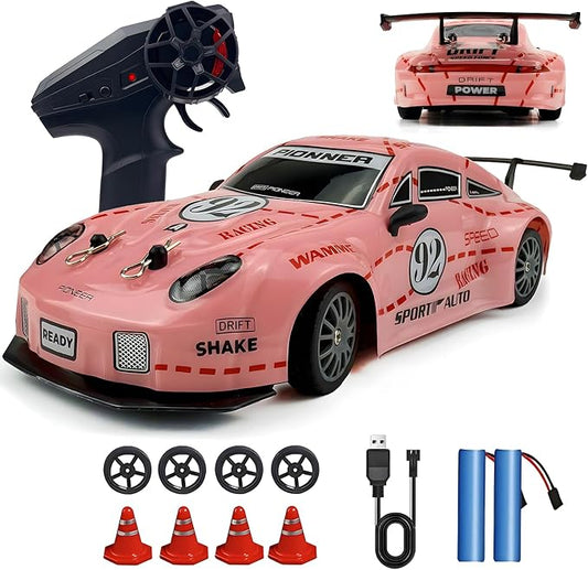 HTURCCOP RC Drift Car 2.4GHz 1:24 Scale 4WD High Speed Remote Control Cars Vehicle with LED Lights Two Batteries and Drifting Tires Racing Sport Toy Cars for Adults Boys Girls Kids Pink