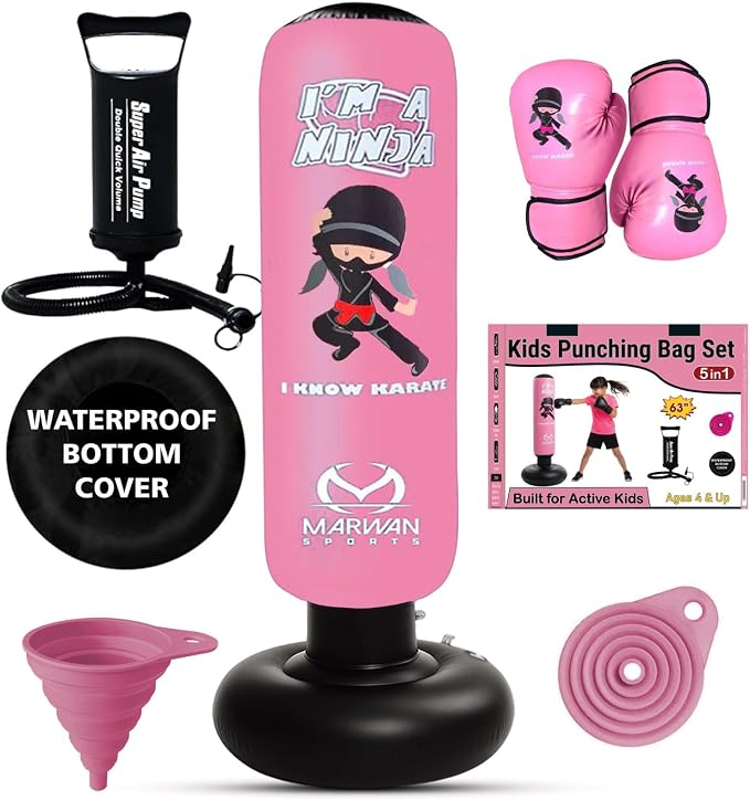 Marwan Sports Ninja Kids Punching Bag — Inflatable Sensory Toy & Birthday Gift for Boys & Girls Ages 4-12, 63" Freestanding 5-in-1 Kit, Indoor Apartment-Quiet Sensory-Friendly Active Play