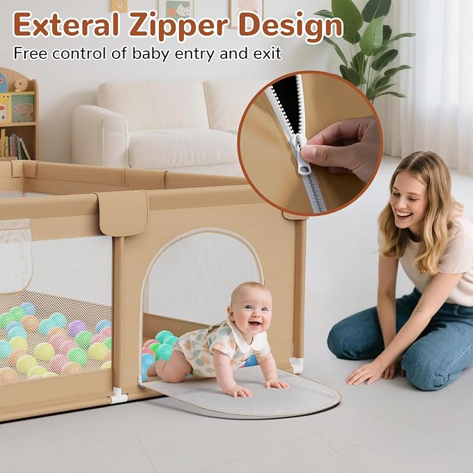 71x59 Playpen for Babies and Toddlers - Extra Large Baby Fence Play Area with Travel Bag Plus 50 Pit Balls & Pull Rings - Portable Infant Play Yard Indoor Outdoor Baby Gate Activity Center(Khaki)