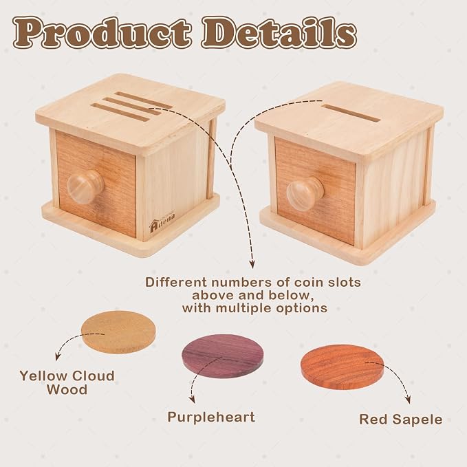 Adena Montessori Coin Box -Natural Wood Double-Sided Object Permanence Box Toy for 1-Year-Old Babies, Wooden Montessori Developmental Toy for 6-12 Month, Early Learning Gift