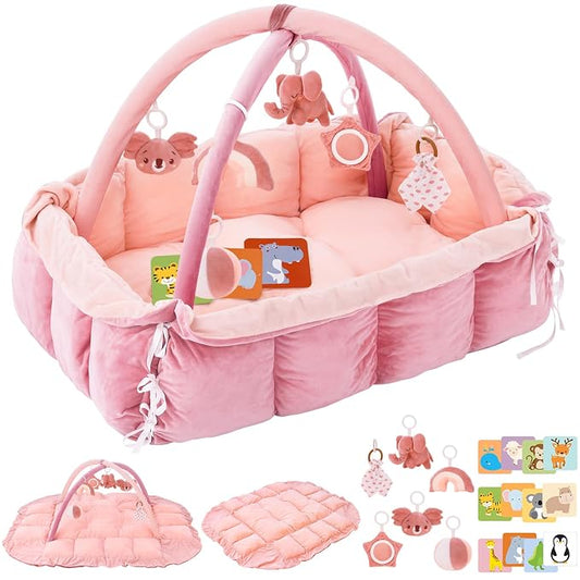 5-in-1 Plush Baby Play Gym, Baby Play Mats, Convertible Baby Gym, Tummy time mat, 6 Sensory Toys, Activity Center, Ball Pit, Light Pink